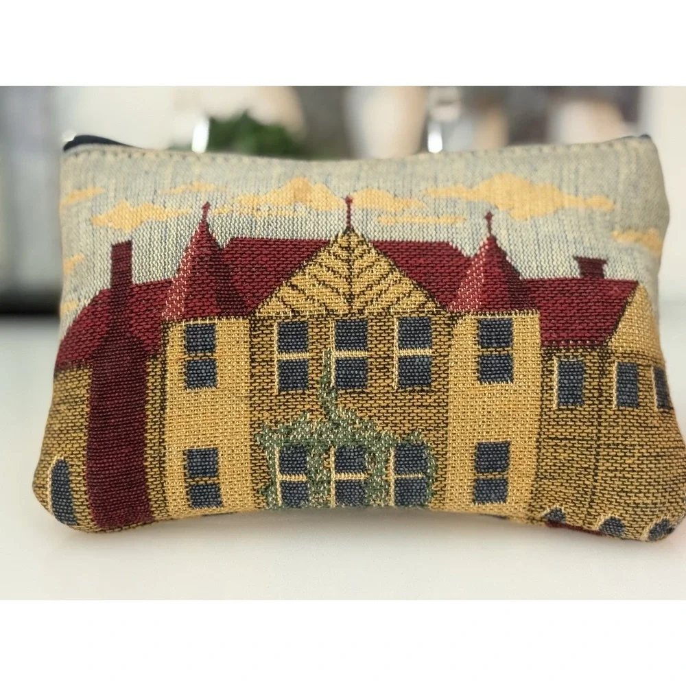 Vintage Tapestry Row Houses‎ Embroidered Style Zippered Bag Makeup Pouch 7
